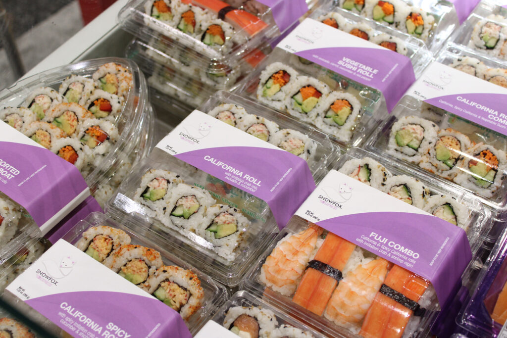 Packaged sushi with SnowFox logo